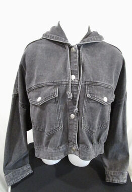 The Native One Oversized Crop Hooded Black Denim Jean Jacket Women Sz S